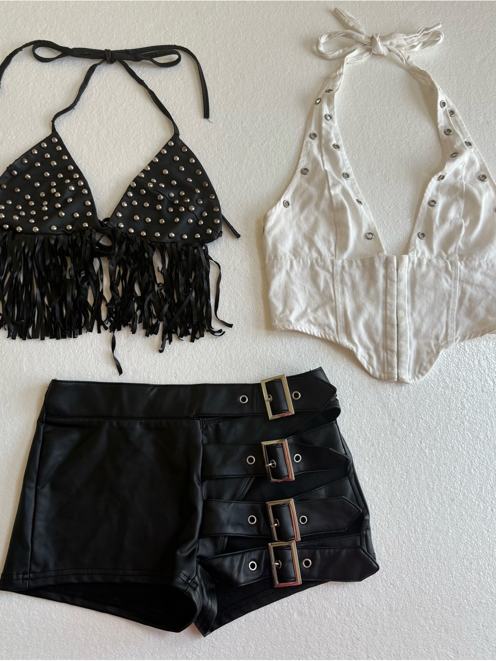 Ladies SHEIN Black Studded Fringe/White Eyelet Corset Halters Buckle Shorts S